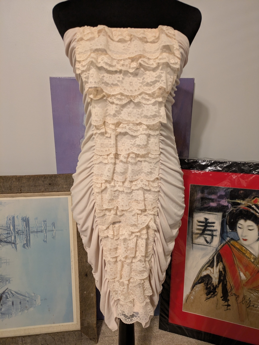 Moda International Strapless Cream Lace Ruffle Bodycon Dress Size L